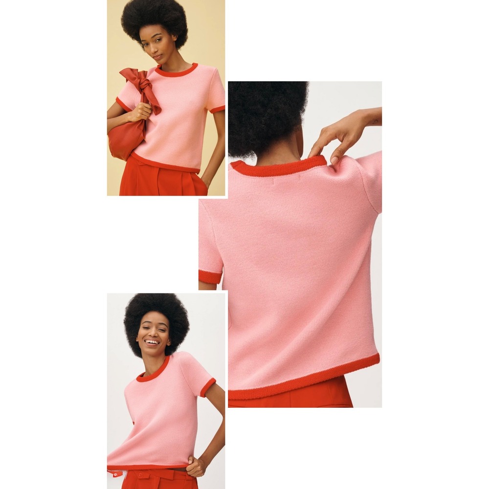 English Factory Pink Red Color Block Knit Short Sleeve Sweater SS1280T Mens M